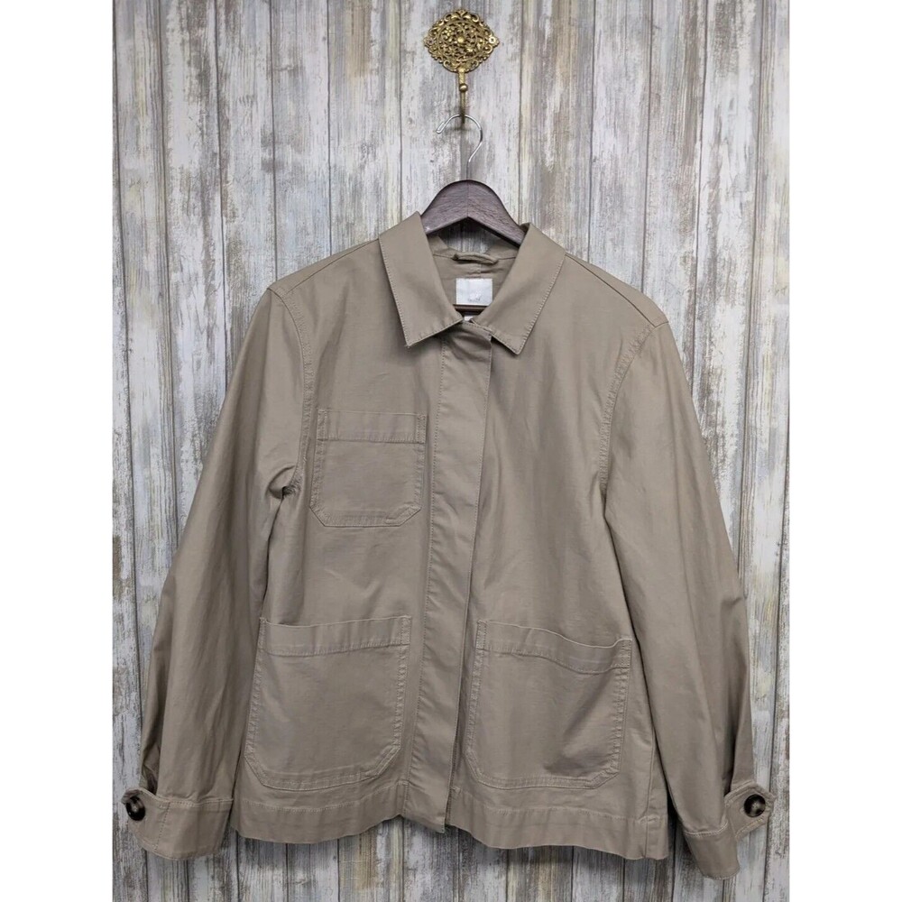 H&M Women's Khaki Tan Utility Chore Light Jacket Cotton Pockets Collared Size 2